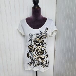 Cache Ivory Knit Black Gold Beaded Embellished Stretch Top Short Sleeve S